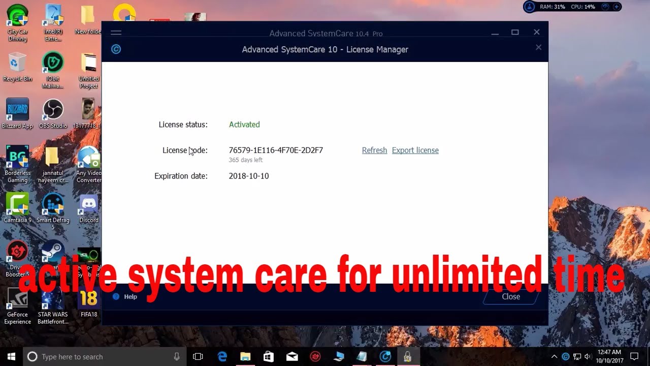 advanced systemcare ultimate 10 license key 2017